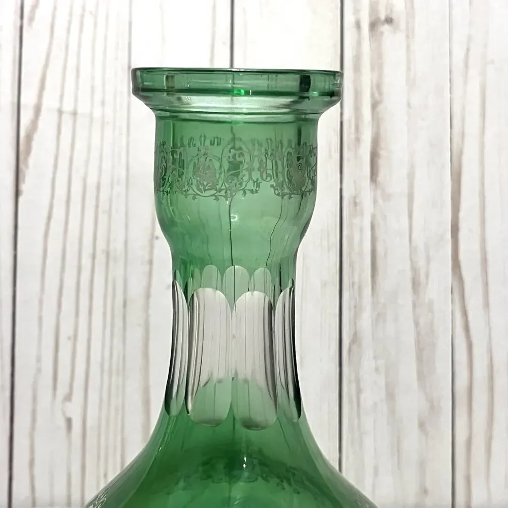 VTG Emerald Green Victorian Baroque Style Romantic Rose Enamel Glass Decanter